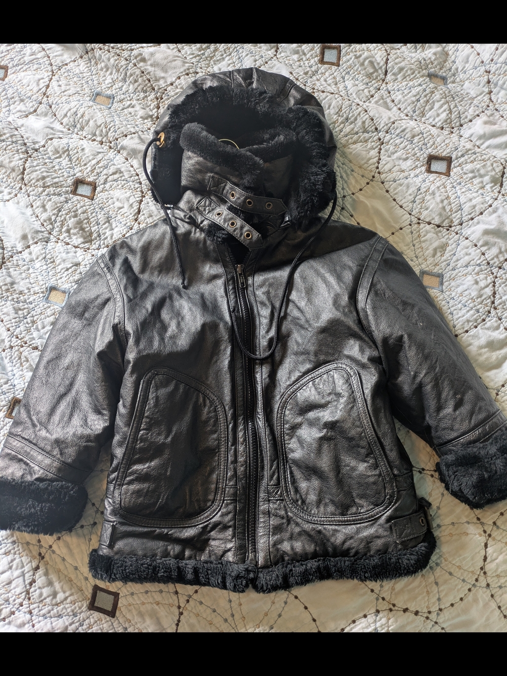 Wilda Black Genuine Leather Hooded Winter Coat with Faux Fur Trim